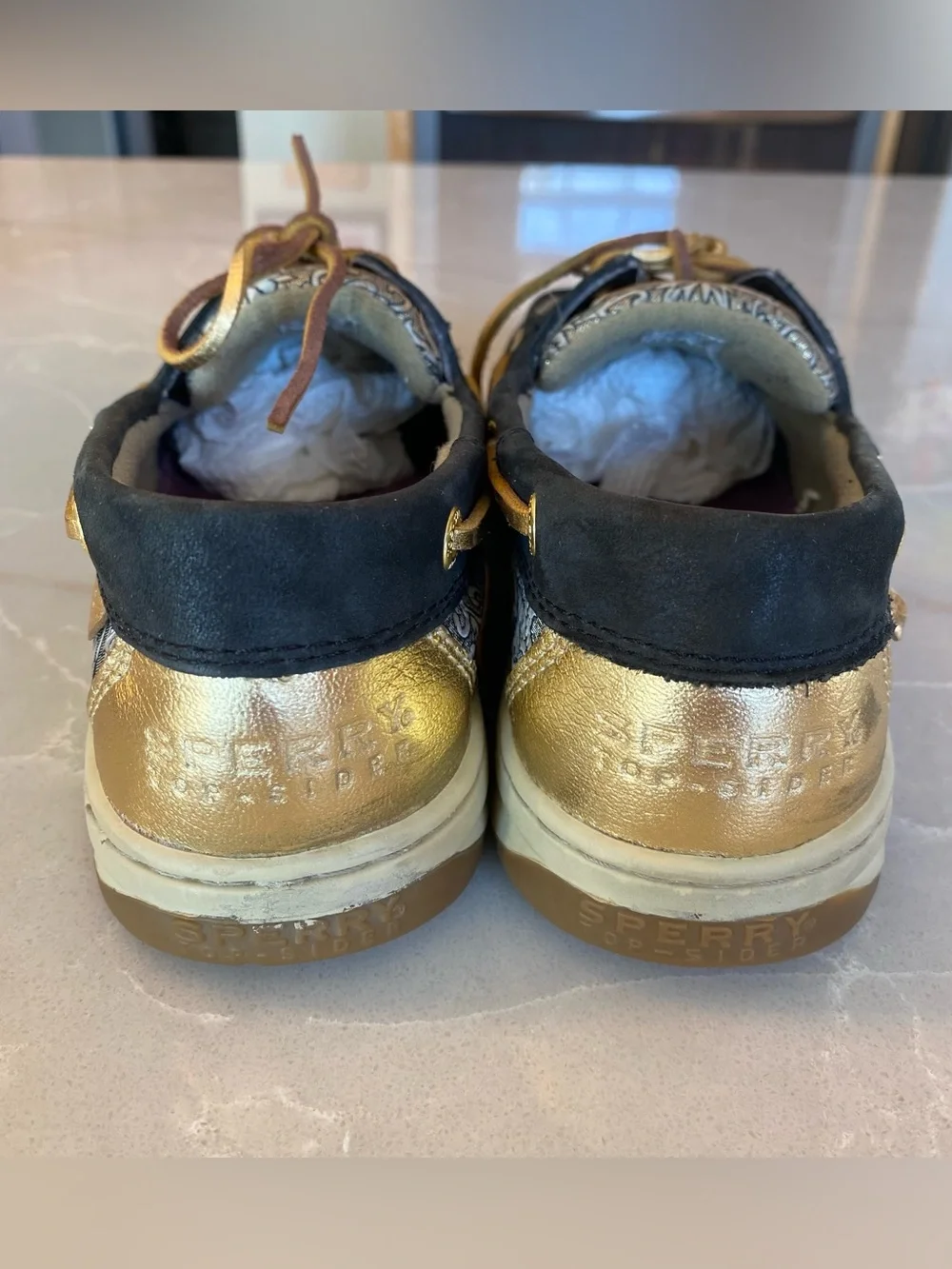Sperry Women’s Angelfish Top-Sider Black & Gold Paisley Leather Boat Shoes size8